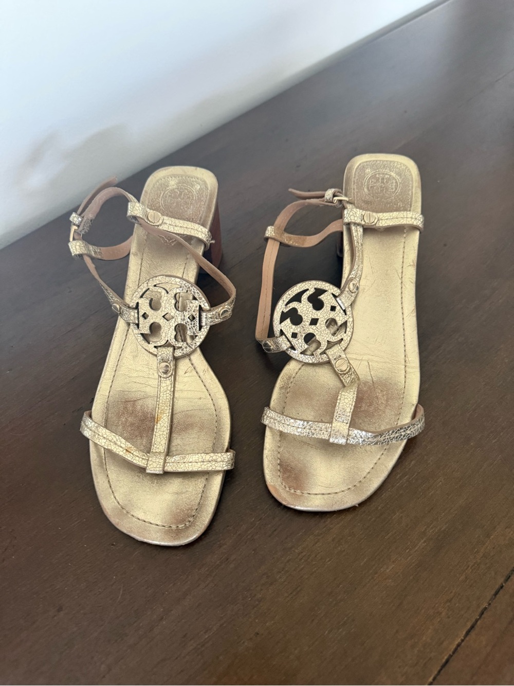 Tory Burch Metallic Gold Logo T-Strap Sandals